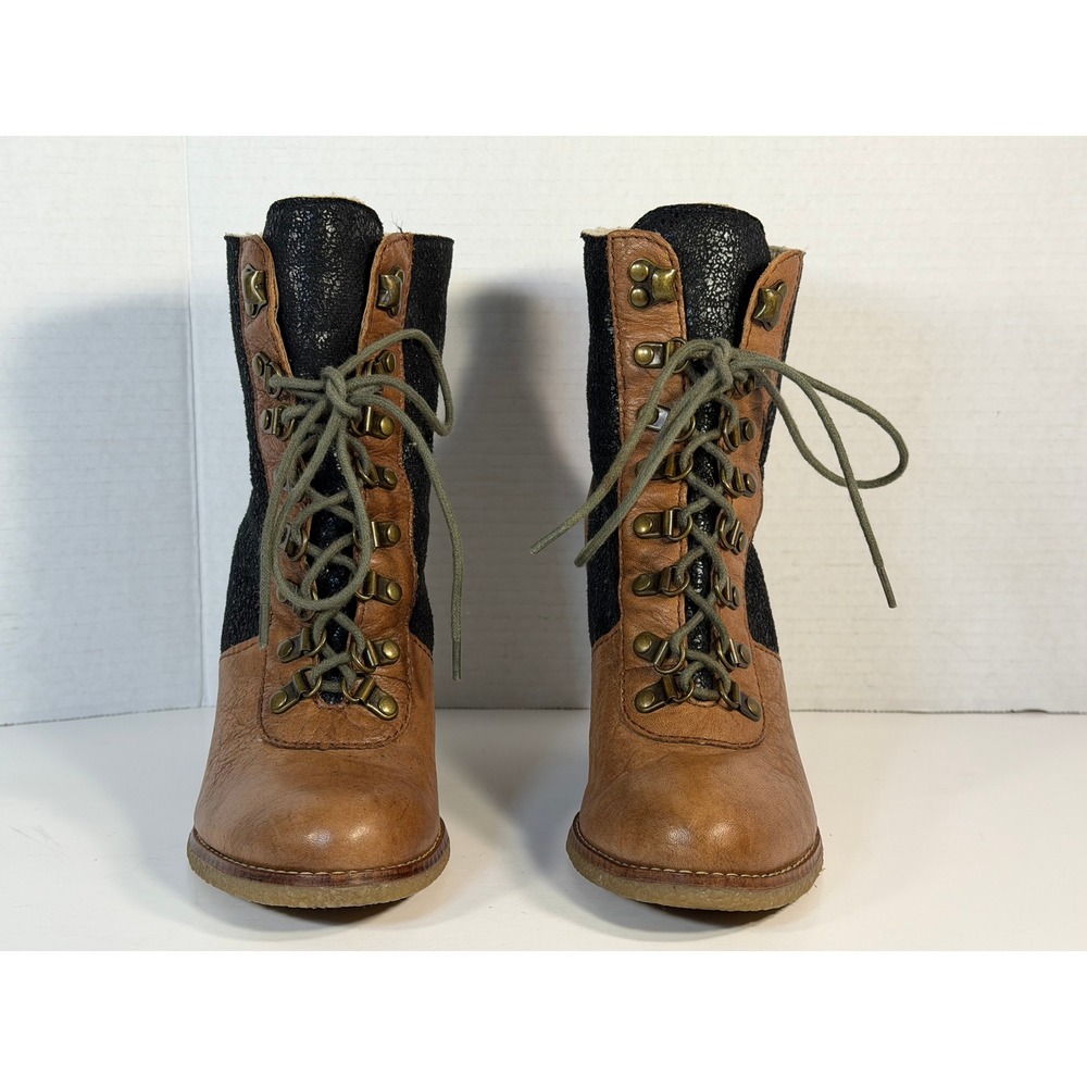 Sam Edelman Lace Up Heeled Ankle Boots Tan Leather Black Shearling Lined Size 8